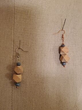 Neutral Wood and Gray Bead Drop Earrings - Unbranded